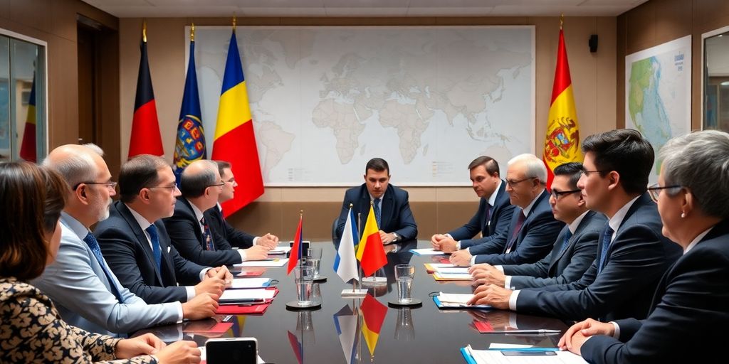 O întâlnire a oficialilor discutând politica externă a României.