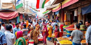 Piață aglomerată cu oameni și tarabe pline de produse.