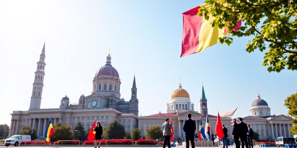 Imagine cu peisaje din România și simboluri diplomatice.