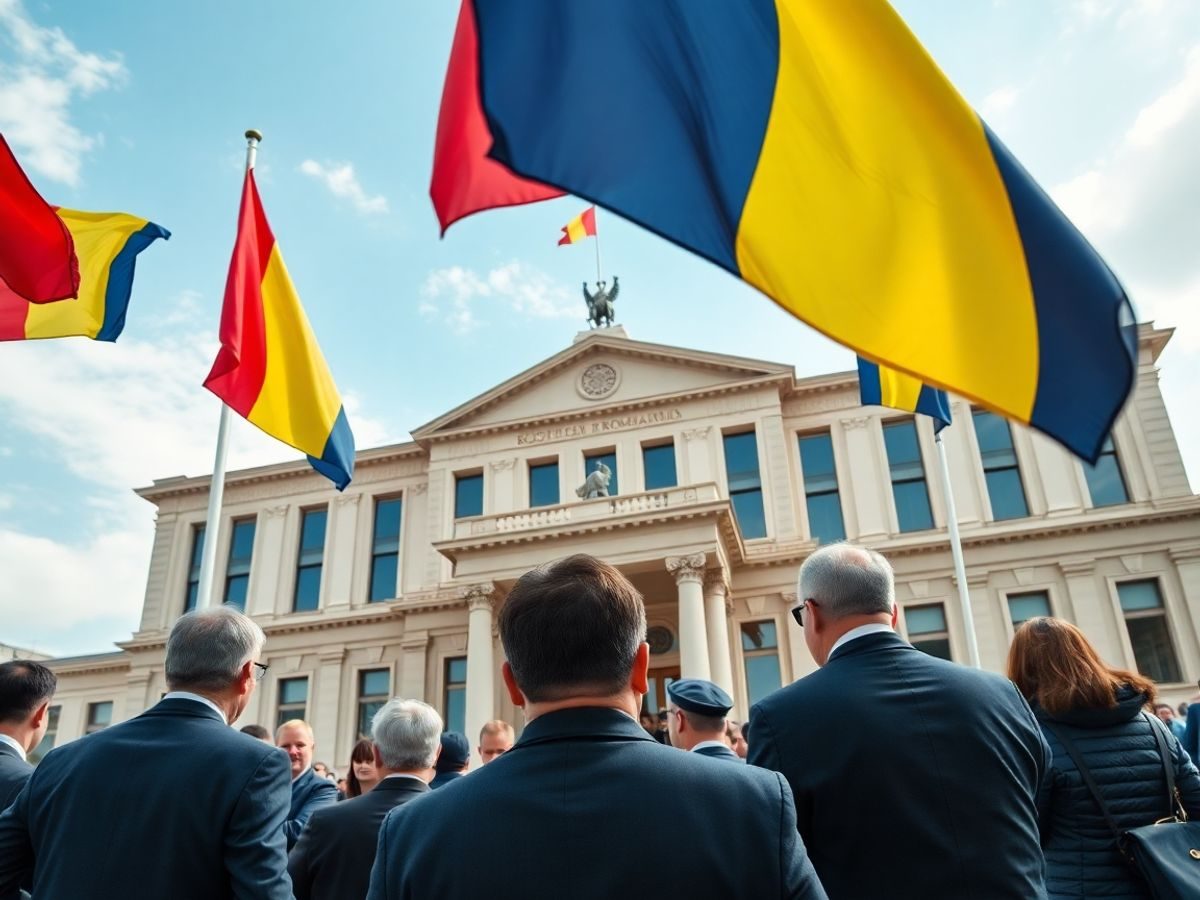 Clădirea Parlamentului României cu steaguri fluturând.
