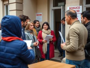 Oameni discutând înainte de alegerile prezidențiale din România.