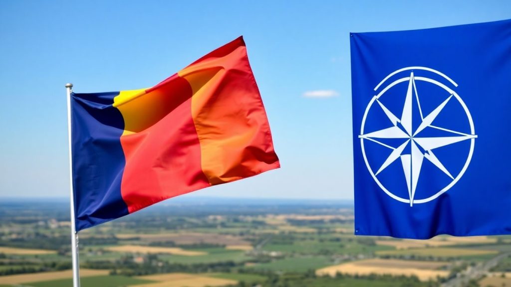 Steagul României între UE și NATO, cu peisaj estic.