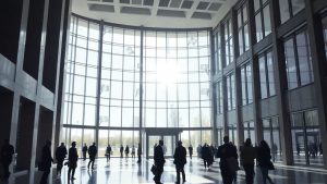 Clădire guvernamentală modernă cu lumina soarelui.