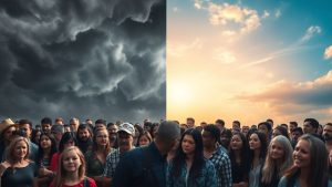 Oameni divizați, furtună versus senin, imagine polarizată.